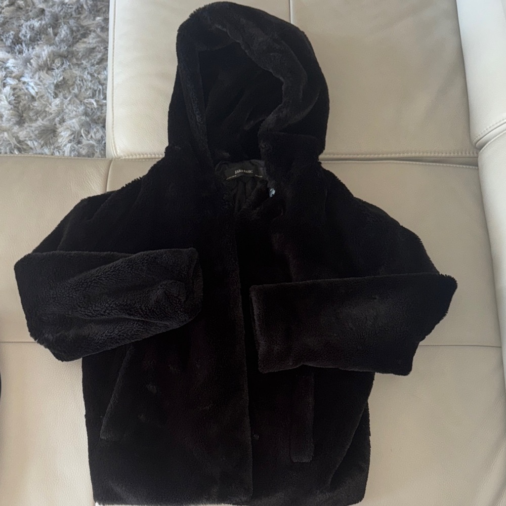 Black Soft Faux Fur Jacket with Hood